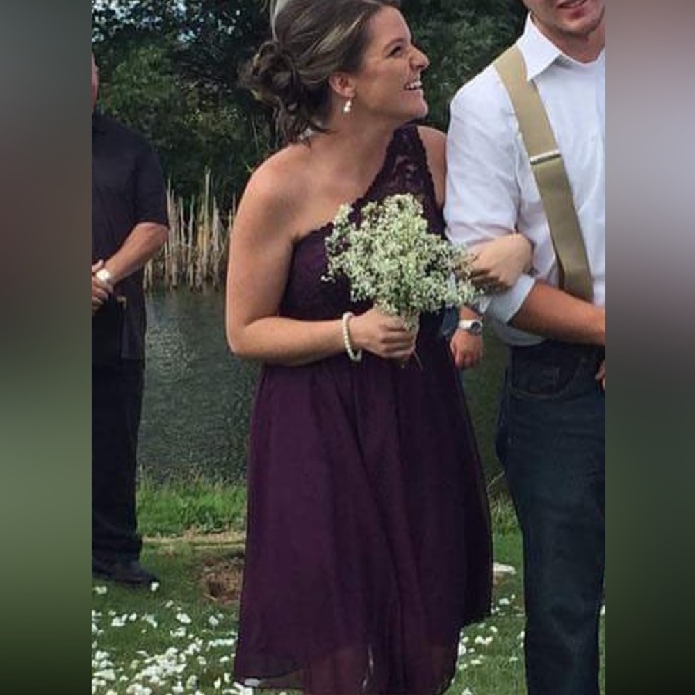 Purple, one shoulder dress, roughly around knee length